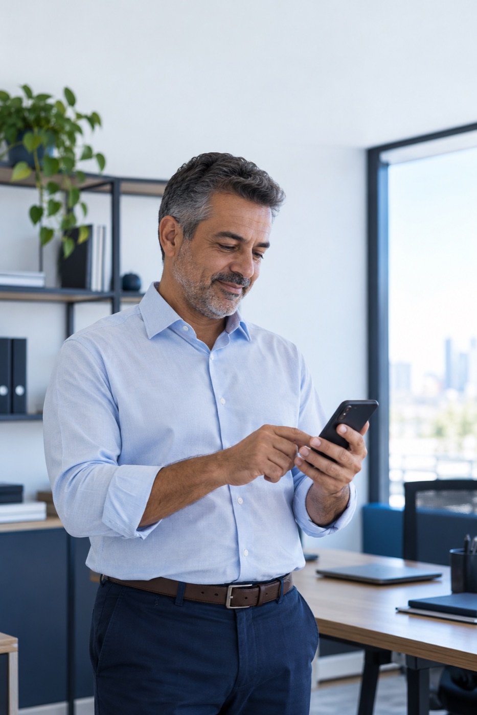Empresário consulta o celular no escritório