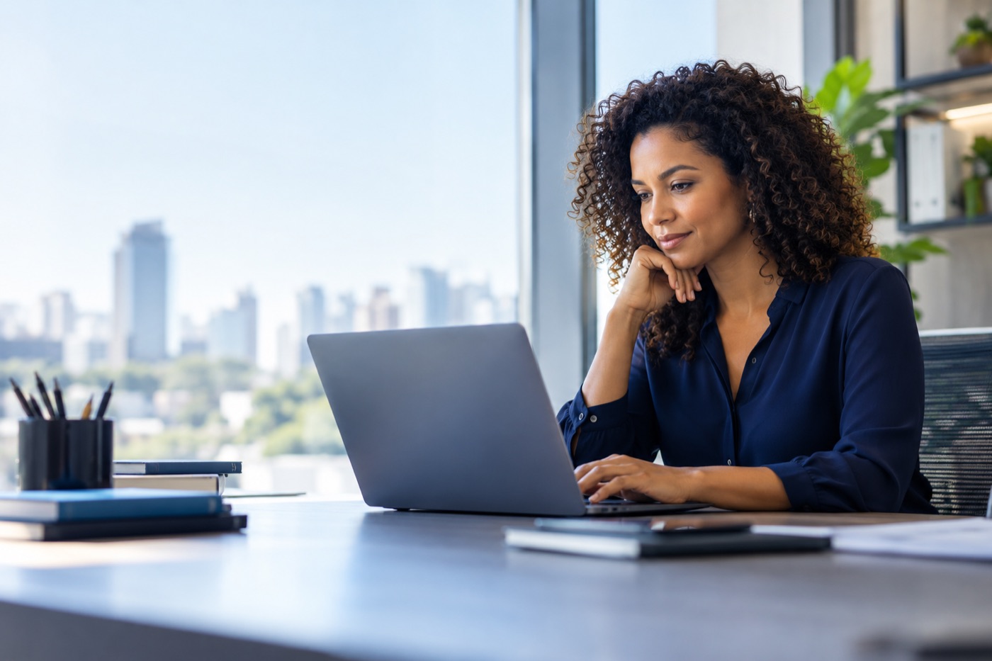Advogada pesquisa no laptop em escritório com vista da cidade