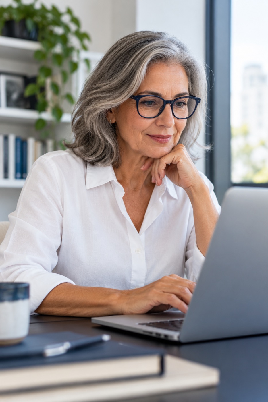 Advogada experiente revisa informações no laptop